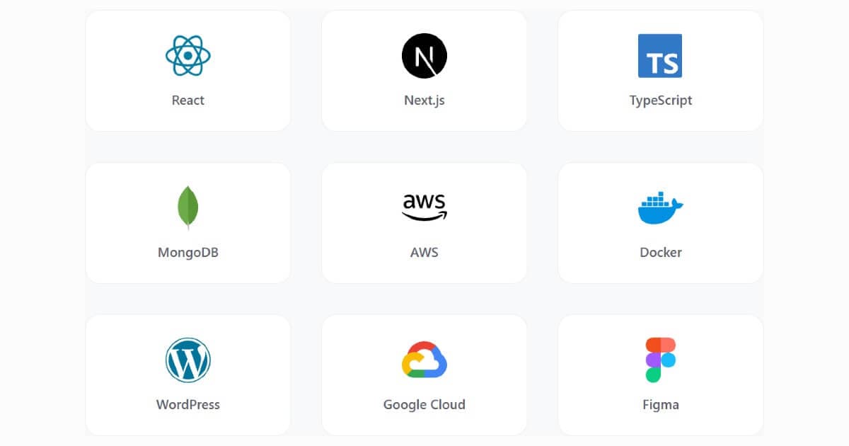 technologies, React, Next.js, TypeScript, MongoDB, AWS, Docker, WordPress, Google Cloud, Figma